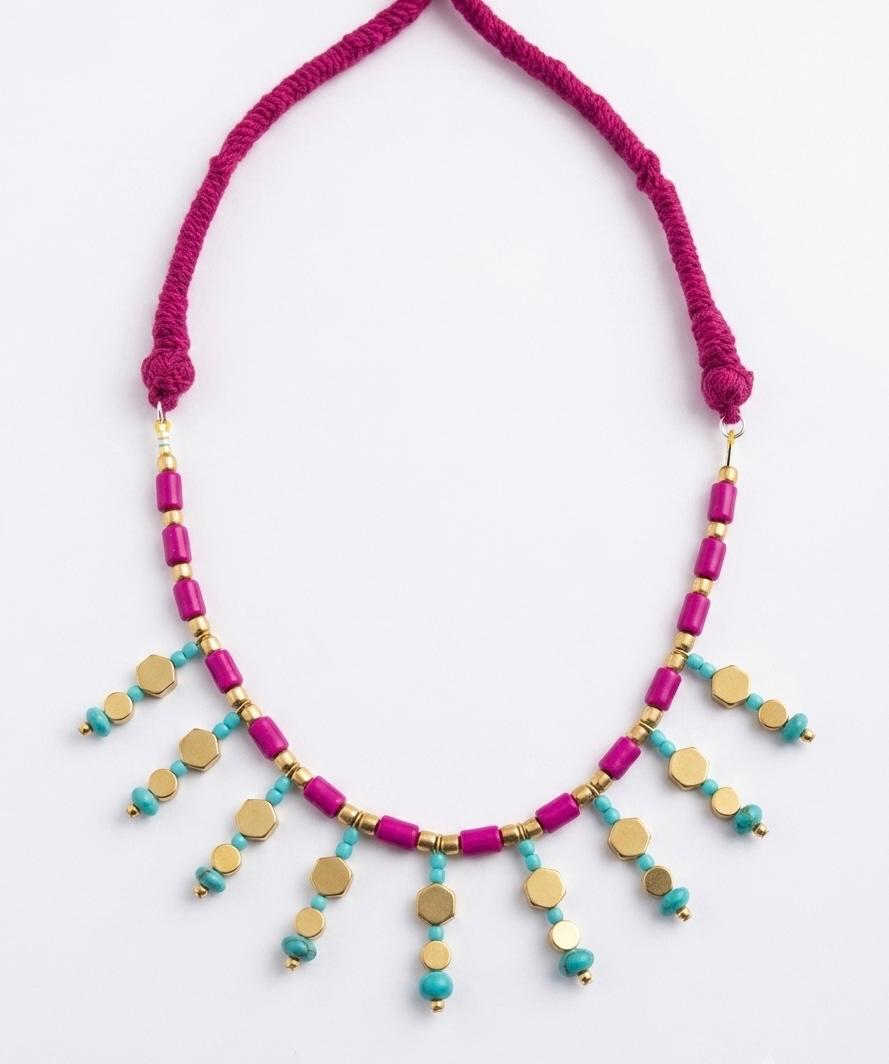 Magenta and turquoise tribal statement necklace for women by HeerMaya, handcrafted brass jewellery