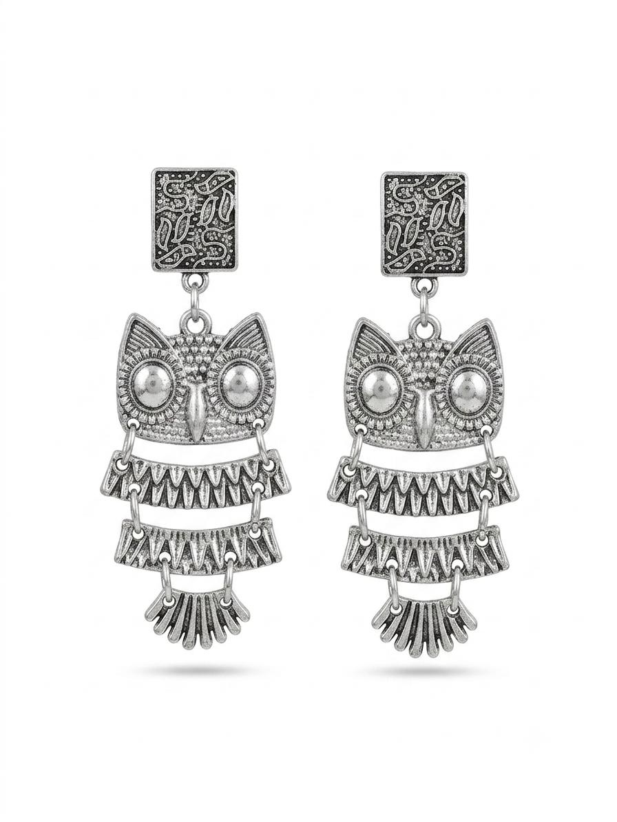 Ulooka Oxidised Silver Owl Motif Statement Earrings