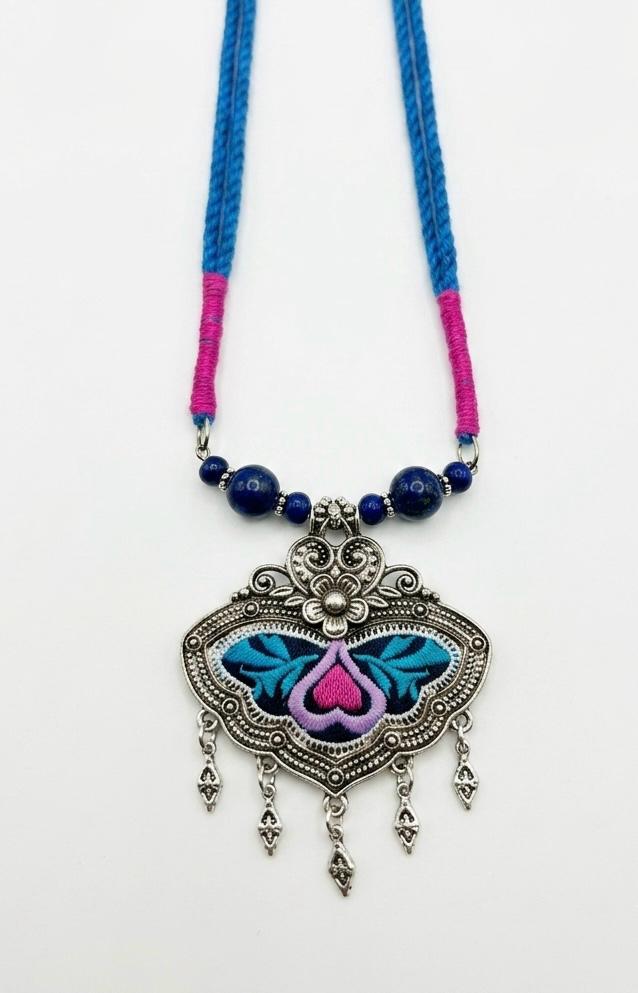 Embroidered lapis pendant necklace for women by HeerMaya, handcrafted oxidised silver tribal jewellery