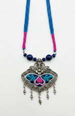 Embroidered lapis pendant necklace for women by HeerMaya, handcrafted oxidised silver tribal jewellery