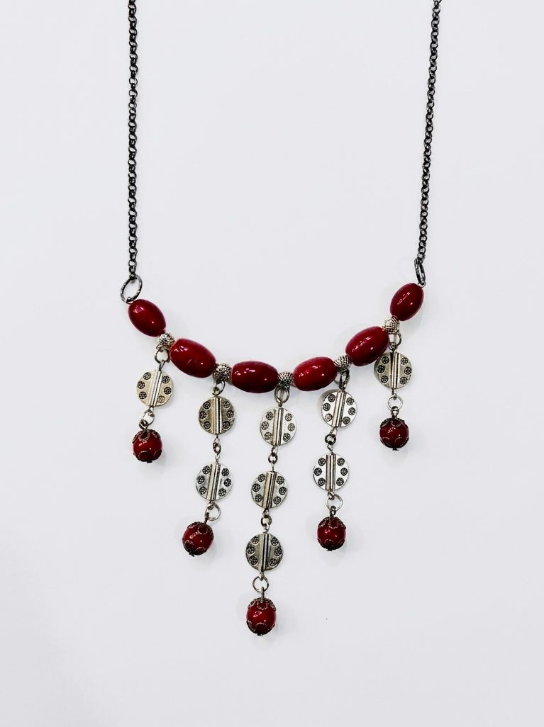 Oxidised Disc Fringe Maroon Bead Necklace