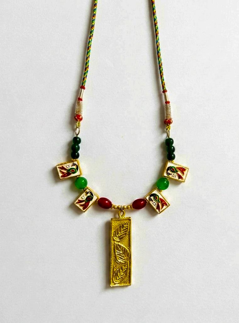 Dhokra and meenakari peacock pendant necklace for women by HeerMaya, handcrafted tribal jewellery