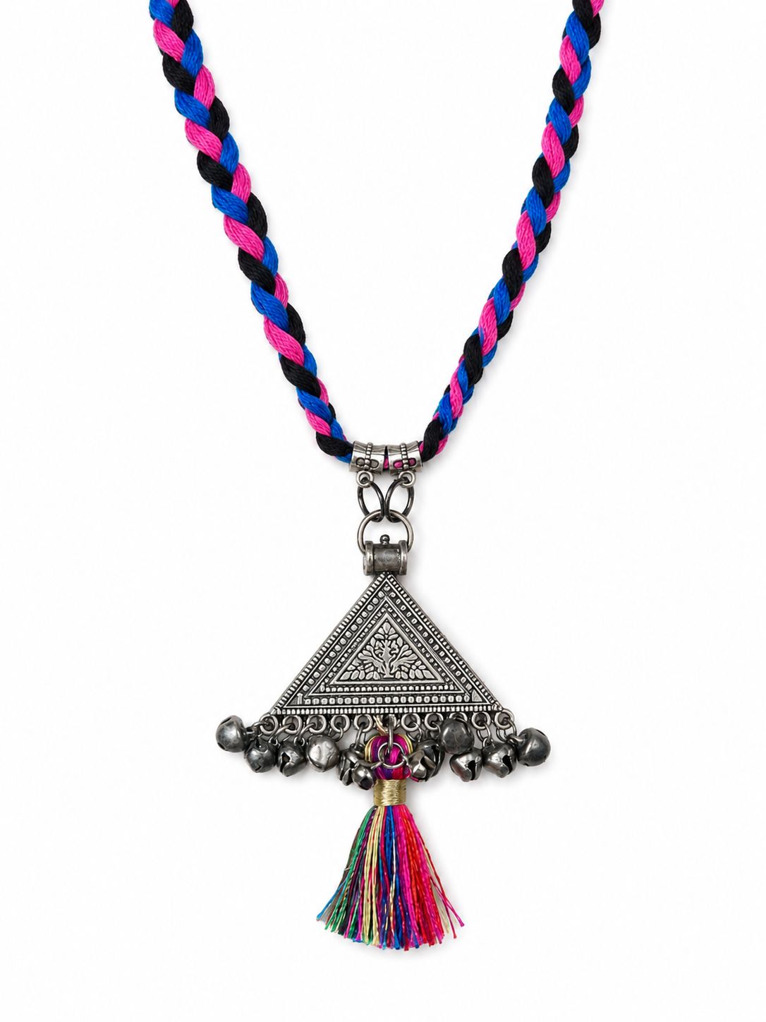 Oxidised Triangle Amulet Ghungroo Tassel Braided Cord Necklace