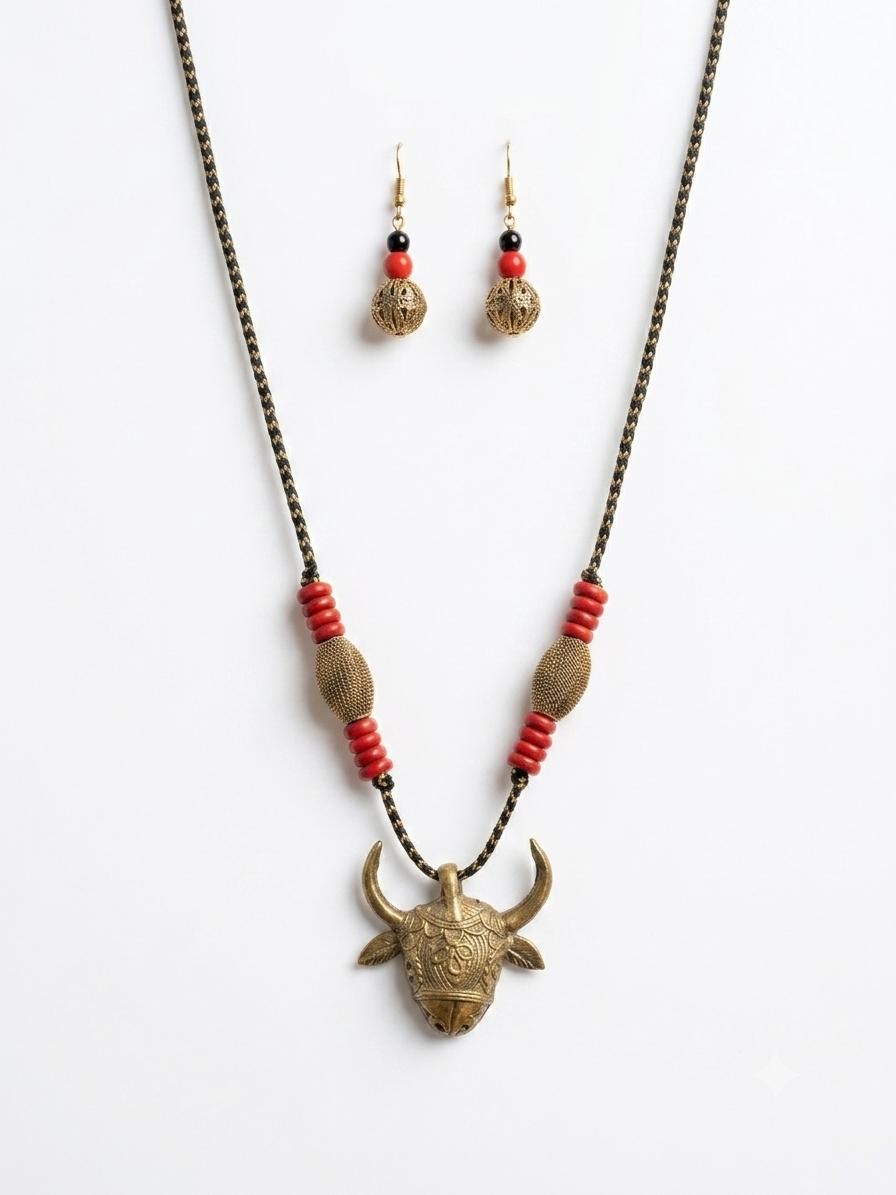 Gauri Dhokra Brass Bull Pendant Tribal Necklace Set for Women