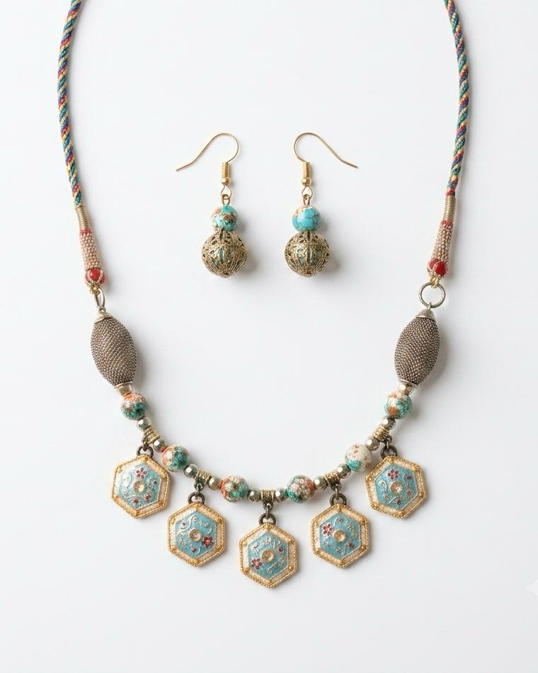 Firoza Turquoise Hexagon Banjara Tribal Necklace Set for Women