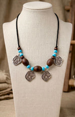 Afghan Oxidised Deity Shield Charm Wood Bead Necklace