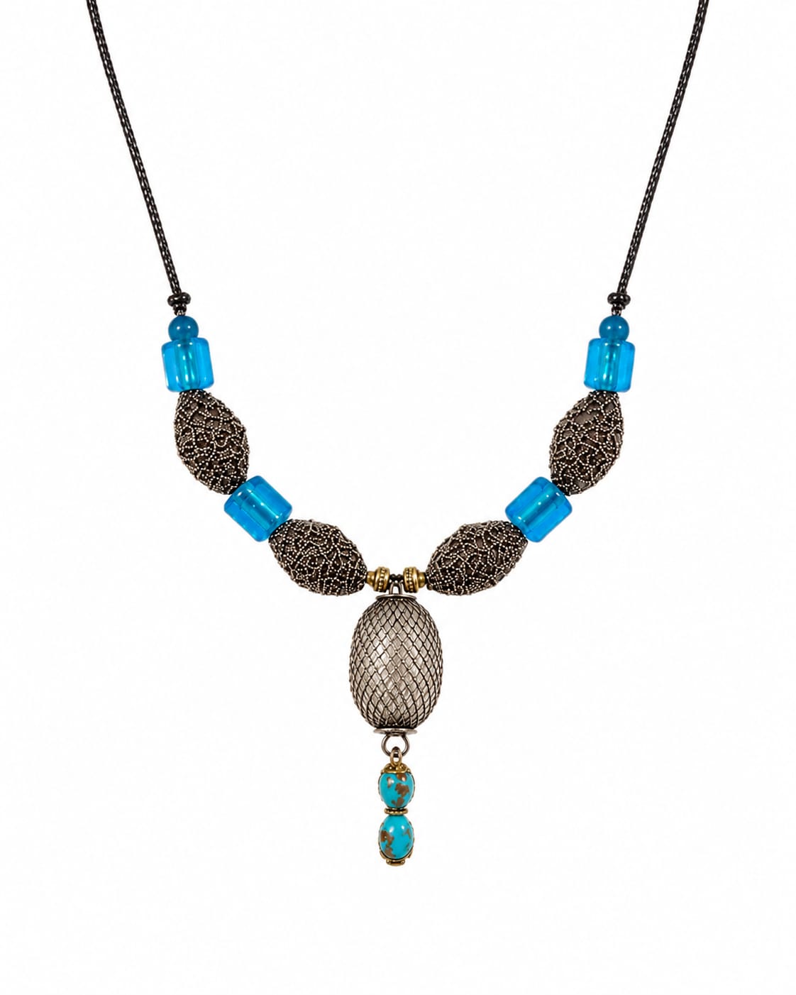 Sitara Blue Glass & Silver Filigree Necklace