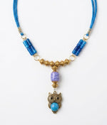 Antique Brass Owl Lapis Blue Bead Necklace