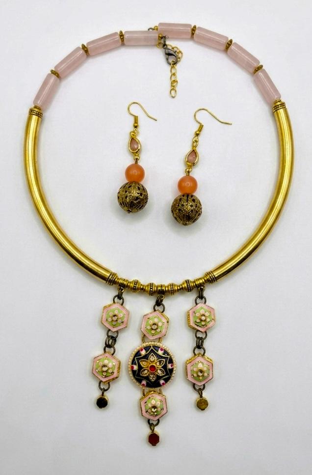 Anaya Antique Gold Enamel Rosette Torque Choker Necklace Set for Women