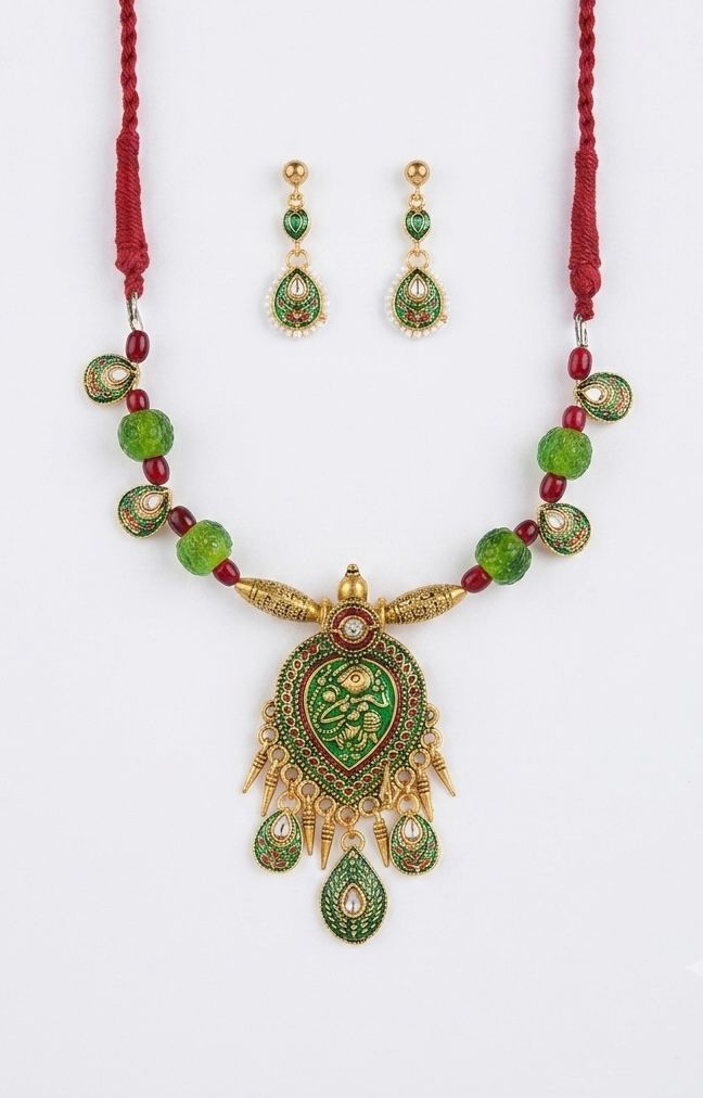 Meenakari Green Enamel Kundan Teardrop Necklace