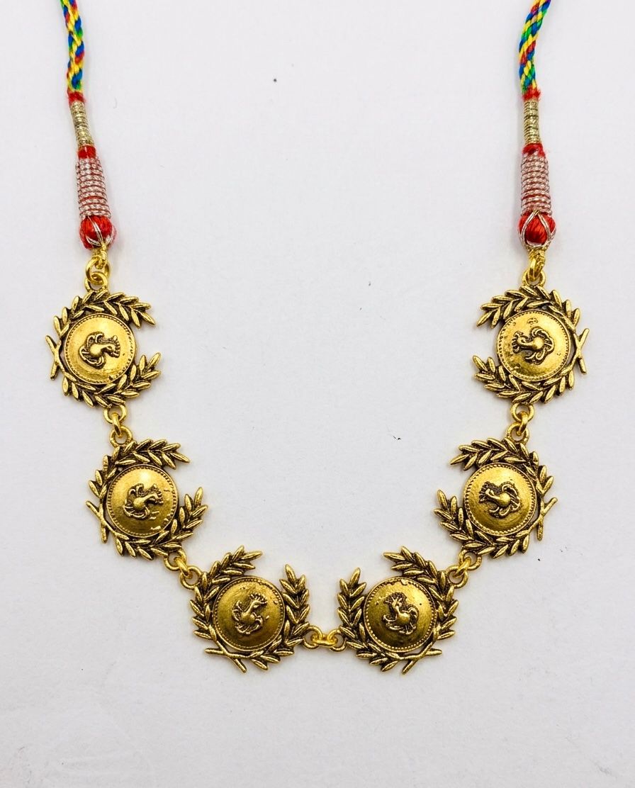 Gold Anchor Laurel Wreath Coin Braided Cord Necklace