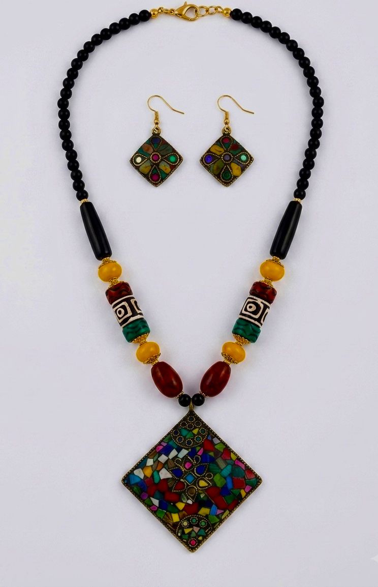 Tibetan Mosaic Diamond Pendant Multicolour Bead Necklace