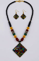Tibetan Mosaic Diamond Pendant Multicolour Bead Necklace