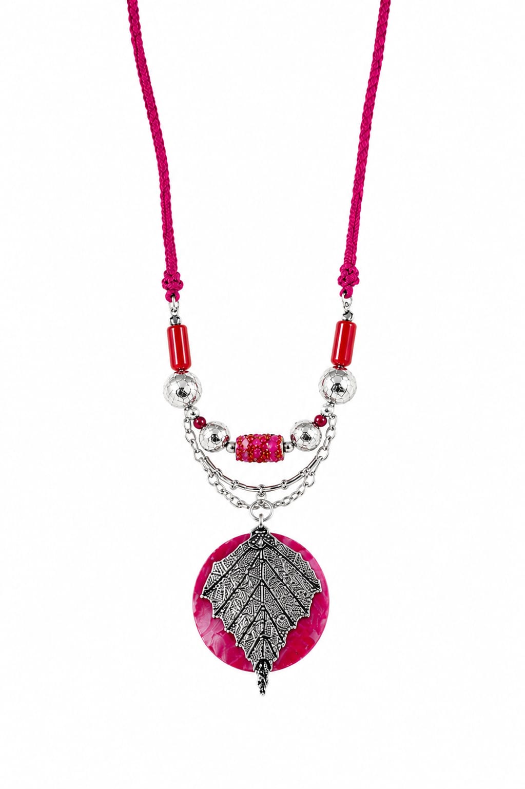 Zohra Pink Cord Silver Leaf Pendant Necklace