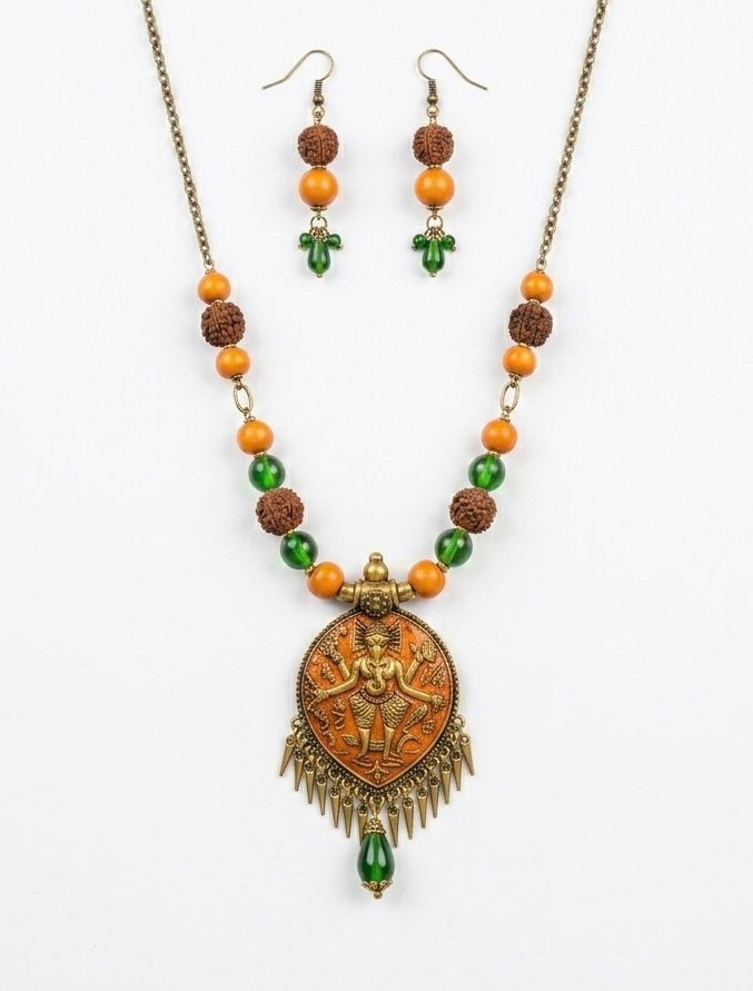 Brass Dancing Ganesha Terracotta Rudraksha Bead Necklace
