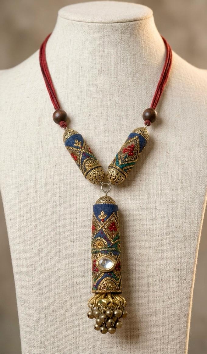 Nomadic Embroidered Cylinder Tribal Necklace
