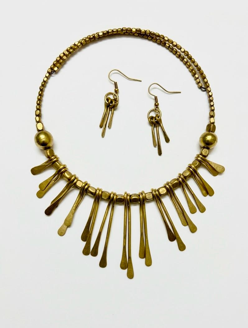 Suvarna Dhokra Brass Fringe Statement Necklace Set for Women