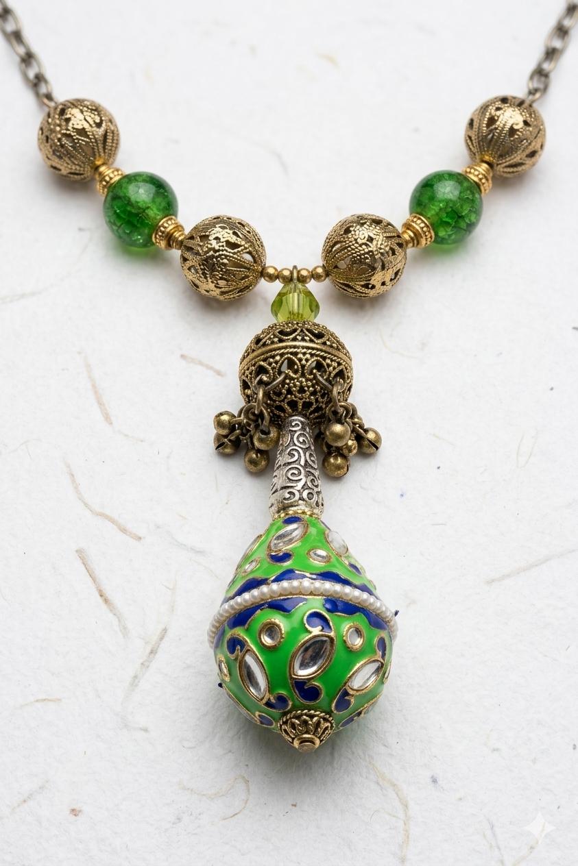Emerald Enamel Teapot Statement Necklace