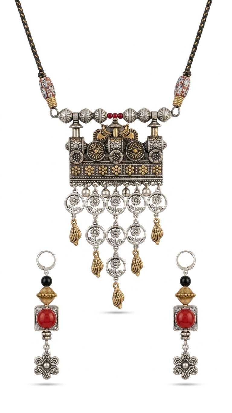 Dual-Tone Mandir Charm Necklace Set