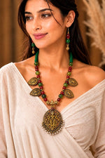 Antique Gold Temple Deity Pendant Necklace Set with Green & Red Beads