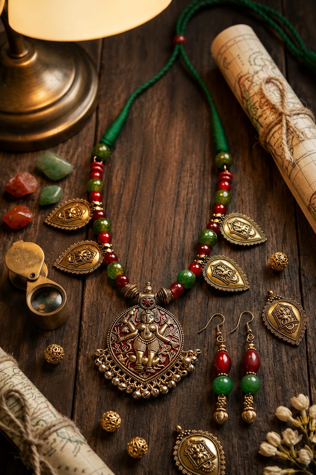 Antique Gold Temple Deity Pendant Necklace Set with Green & Red Beads