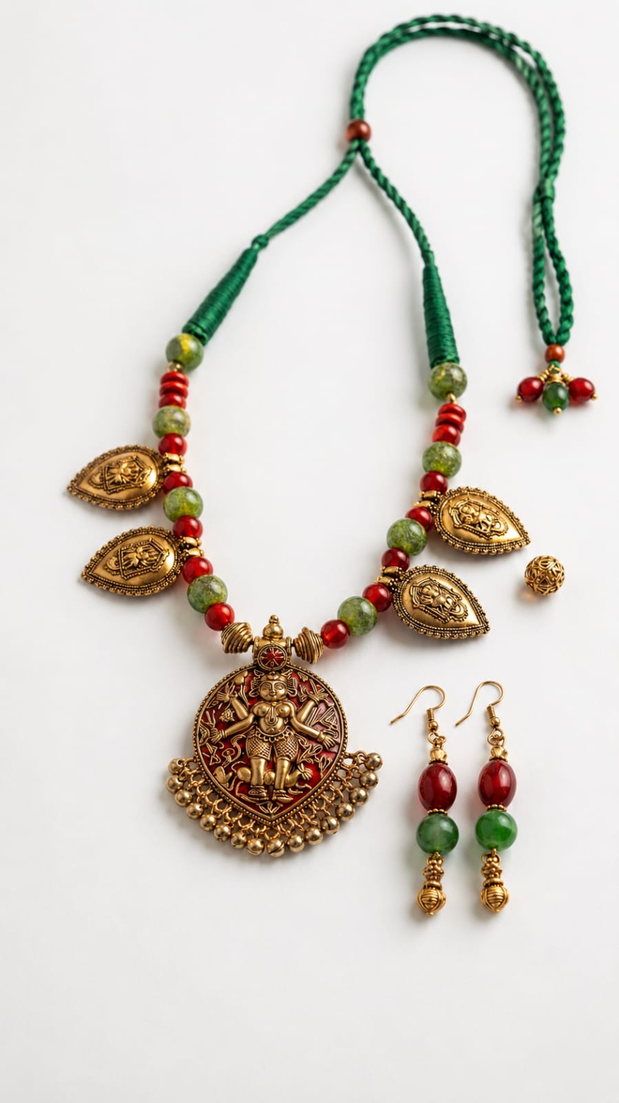 Antique Gold Temple Deity Pendant Necklace Set with Green & Red Beads