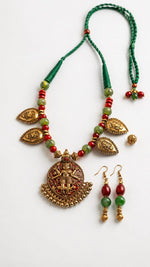 Antique Gold Temple Deity Pendant Necklace Set with Green & Red Beads