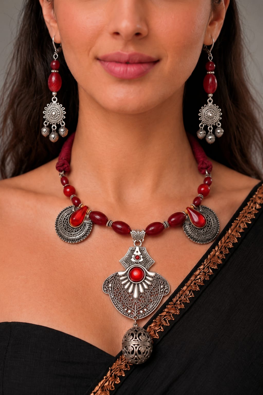 Oxidised Silver Red Stone Tribal Pendant Necklace Set