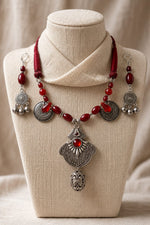 Oxidised Silver Red Stone Tribal Pendant Necklace Set