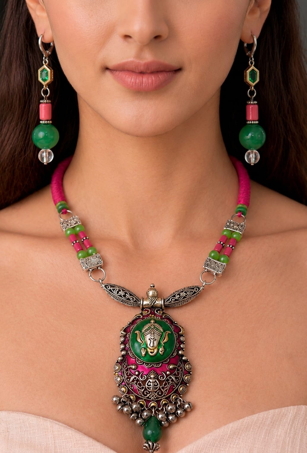 Dual-Tone Goddess Pendant Green & Pink Tribal Necklace Set — handcrafted temple jewellery set India by HeerMaya