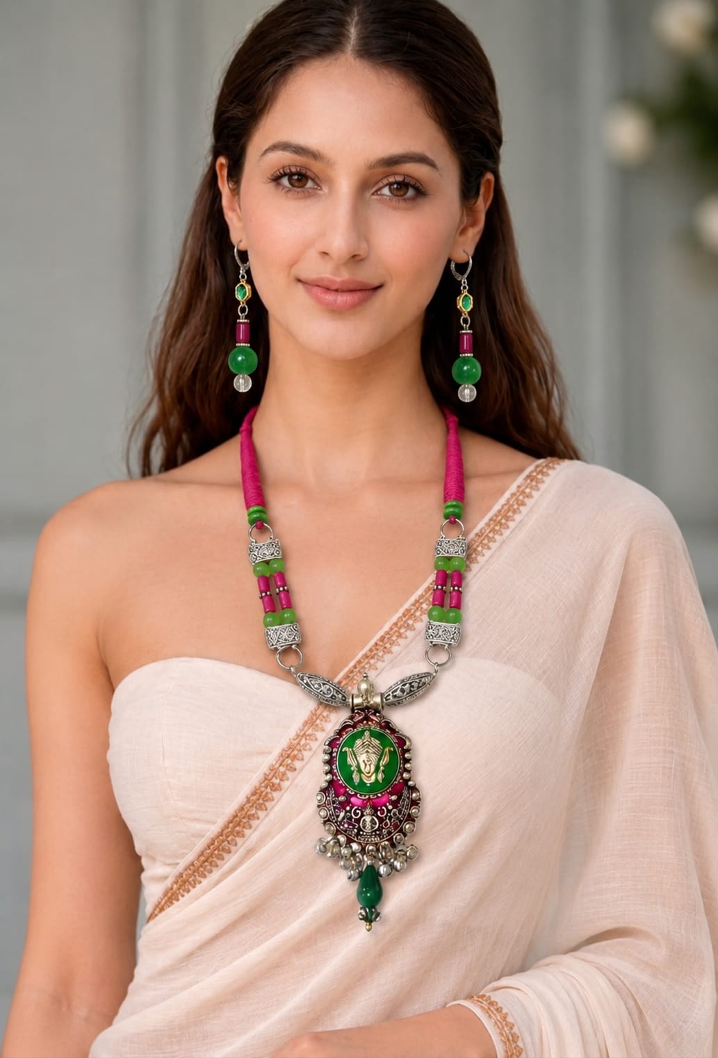Dual-Tone Goddess Pendant Green & Pink Tribal Necklace Set