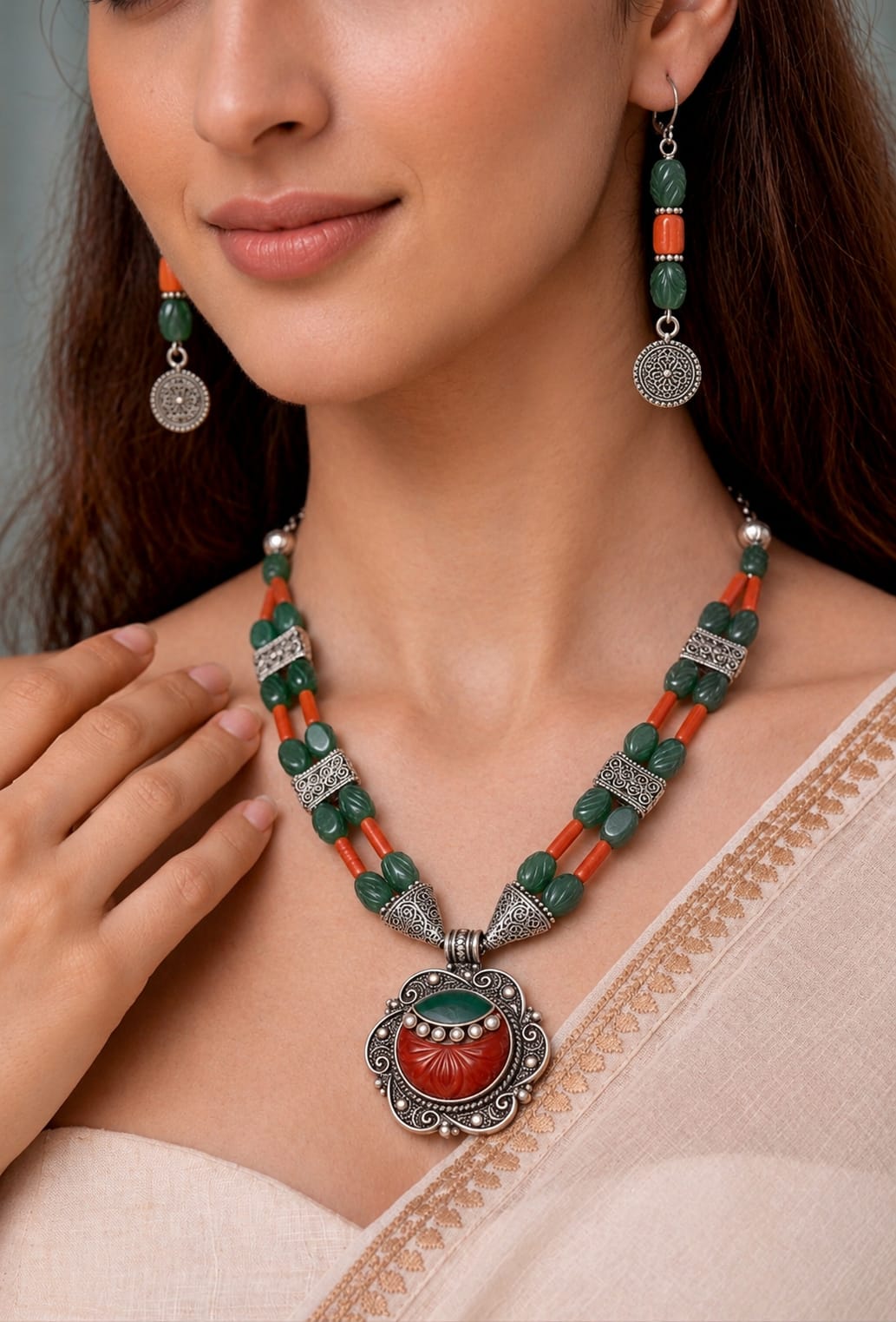Oxidised Silver Green & Orange Stone Tribal Necklace Set
