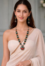 Oxidised Silver Green & Orange Stone Tribal Necklace Set