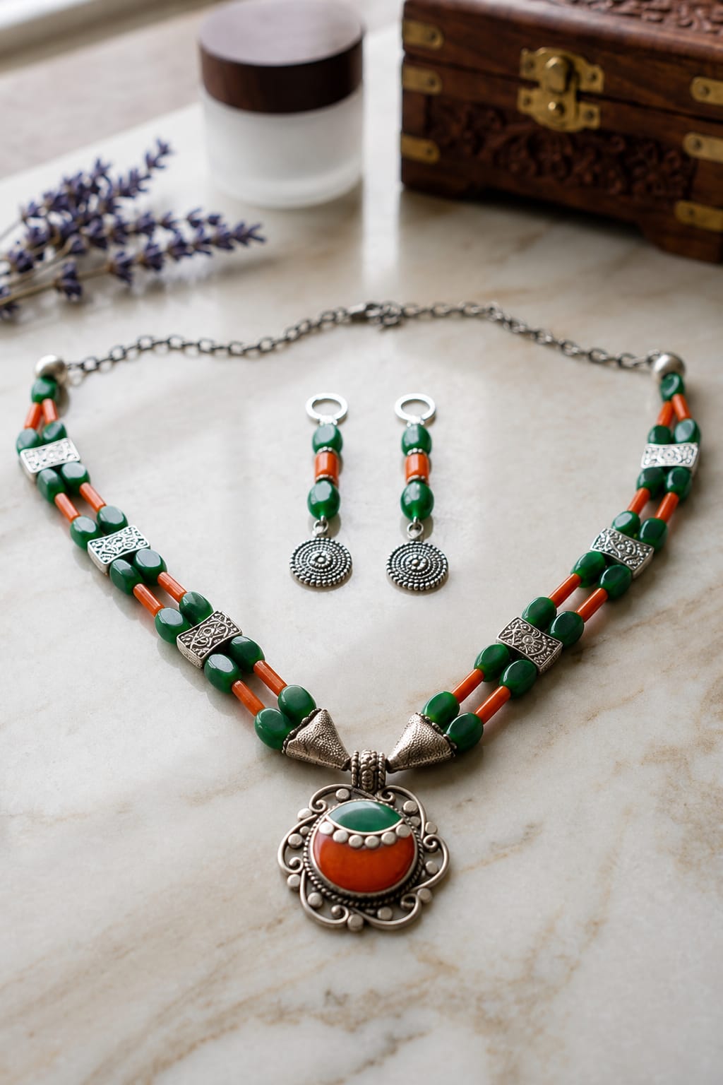 Oxidised Silver Green & Orange Stone Tribal Necklace Set