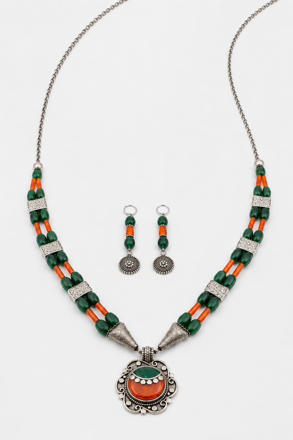 Oxidised Silver Green & Orange Stone Tribal Necklace Set