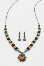 Oxidised Silver Green & Orange Stone Tribal Necklace Set