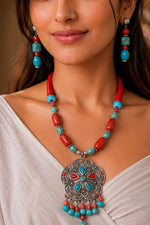Tibetan Turquoise & Coral Silver Floral Pendant Necklace Set