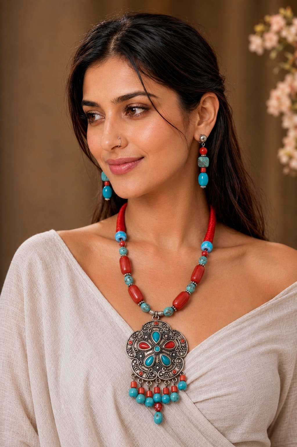 Tibetan Turquoise & Coral Silver Floral Pendant Necklace Set
