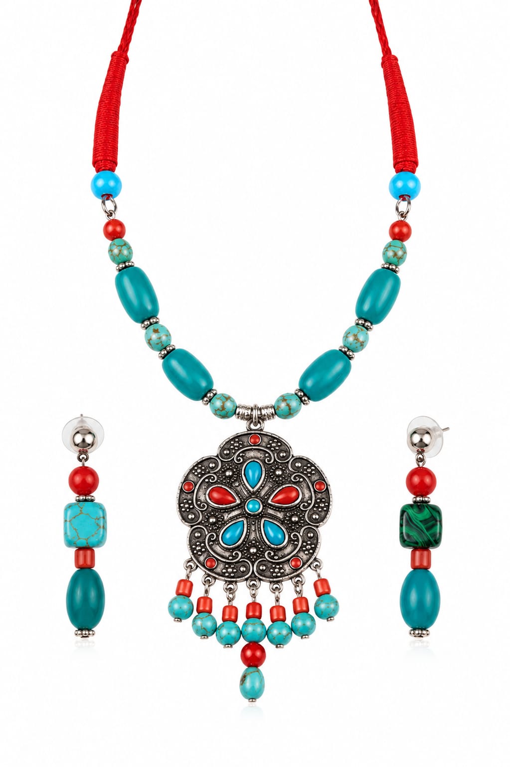 Tibetan Turquoise & Coral Silver Floral Pendant Necklace Set