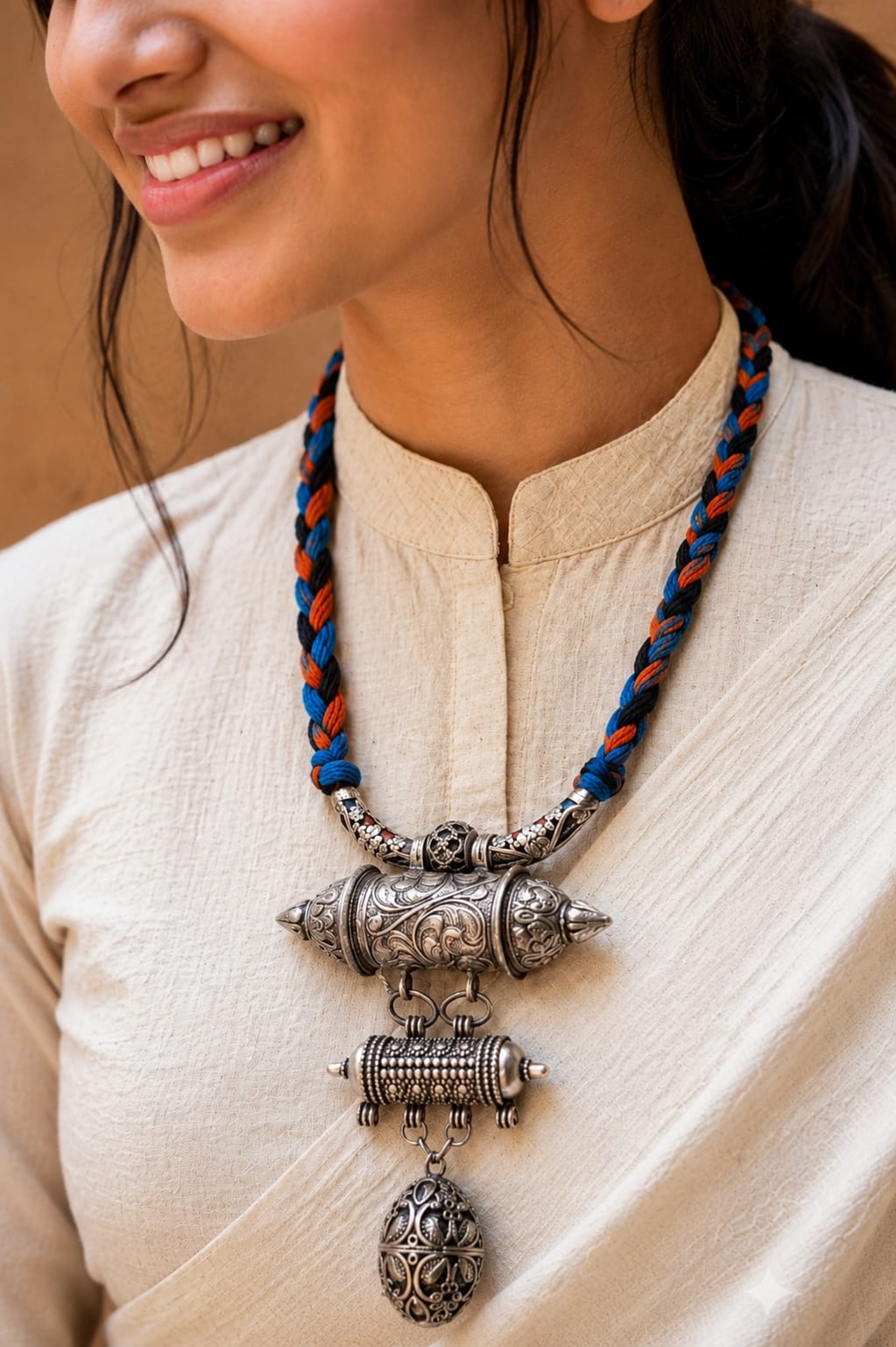Tribal Silver Amulet Pendant Necklace on Handwoven Cord