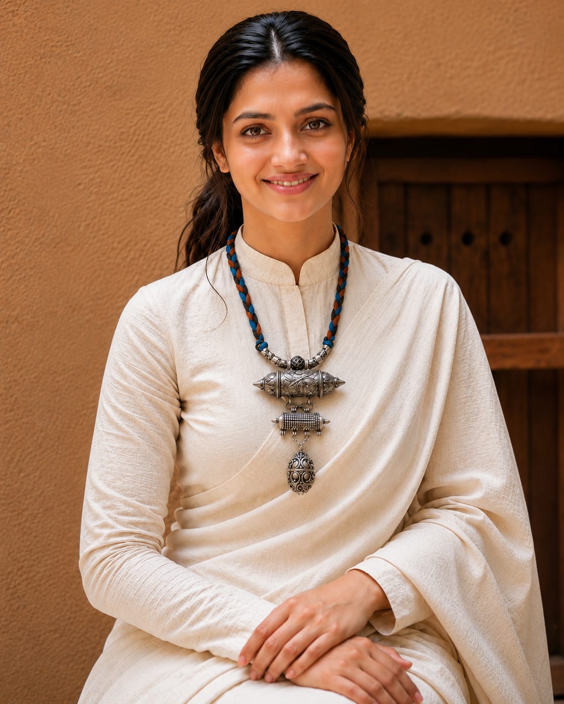 Tribal Silver Amulet Pendant Necklace on Handwoven Cord