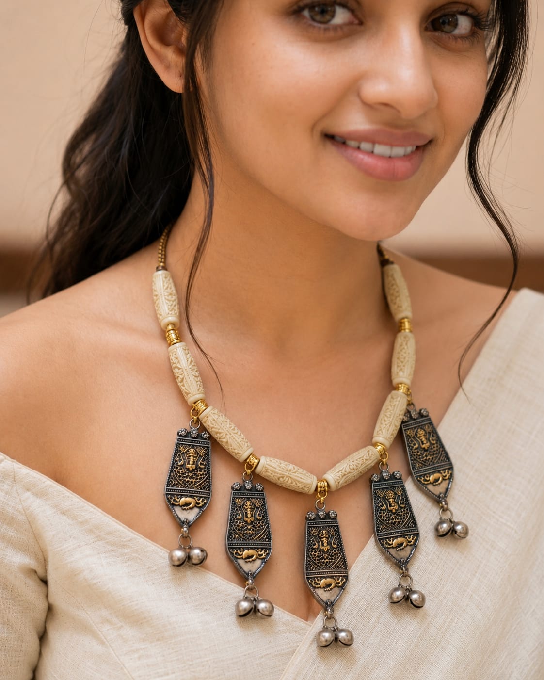 Dual-Tone Tribal Plaque Necklace with Carved Beads & Ghungroo Bells