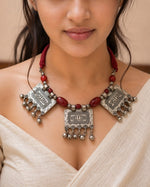 Oxidised Silver Tribal Amulet Plaque Choker with Red Beads