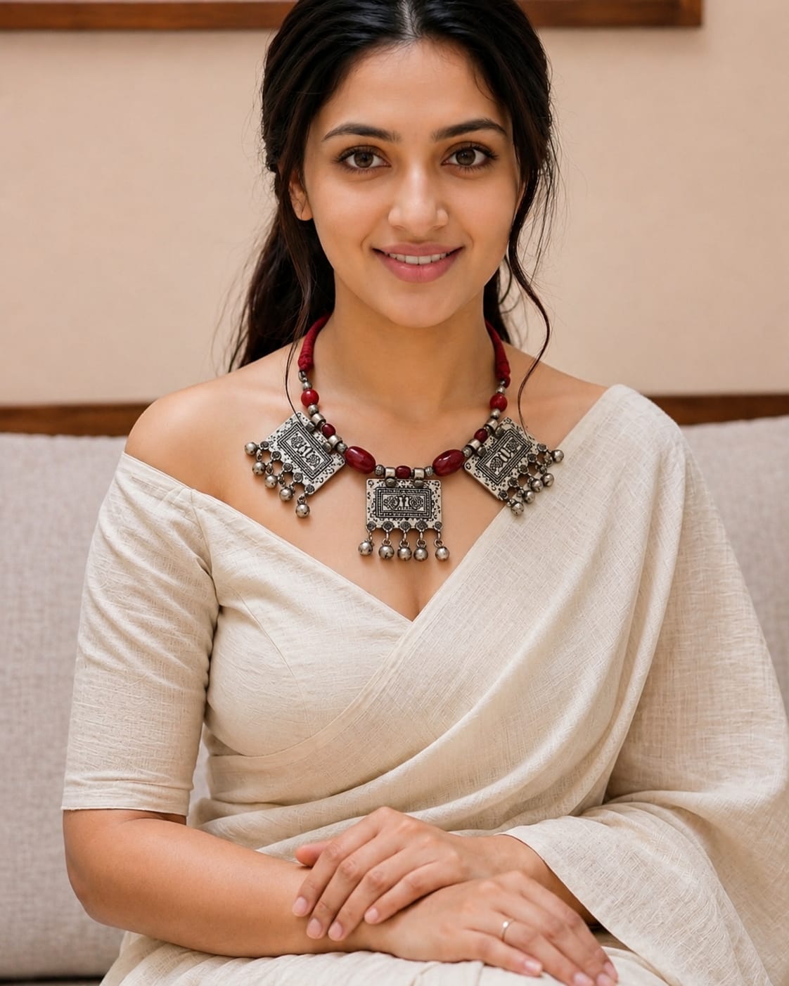 Oxidised Silver Tribal Amulet Plaque Choker with Red Beads