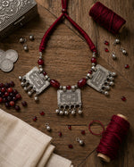 Oxidised Silver Tribal Amulet Plaque Choker with Red Beads