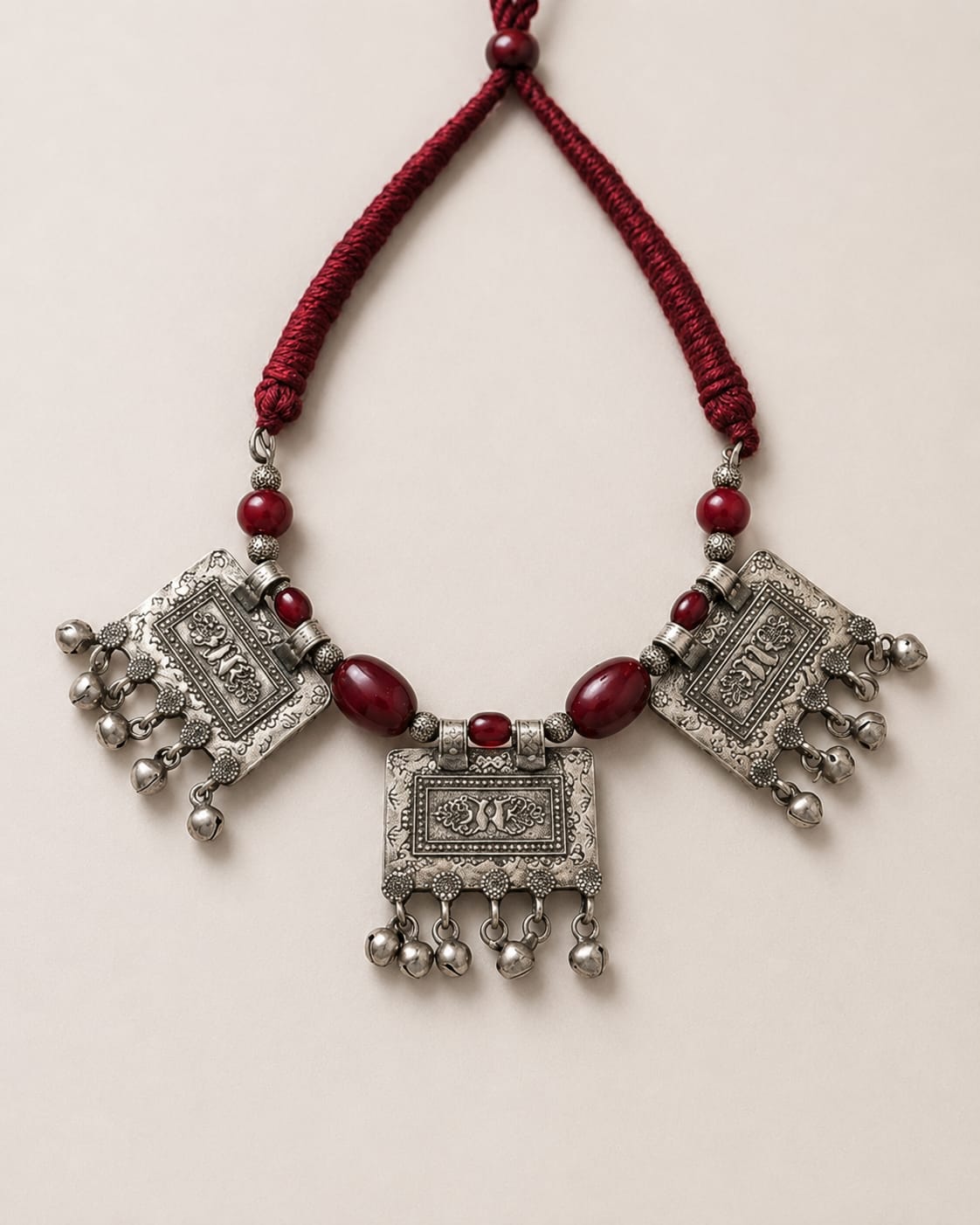 Oxidised Silver Tribal Amulet Plaque Choker with Red Beads