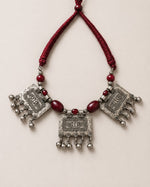 Oxidised Silver Tribal Amulet Plaque Choker with Red Beads