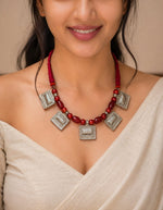 Oxidised Silver Tribal Square Plaque Necklace with Red Beads