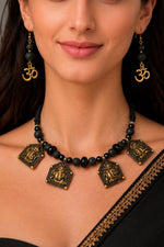 Antique Gold Ganesha & Om Lava Bead Necklace Set