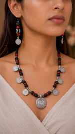 Tribal Lava Bead & Silver Coin Necklace Set with Earrings — handcrafted tribal jewellery set India by HeerMaya